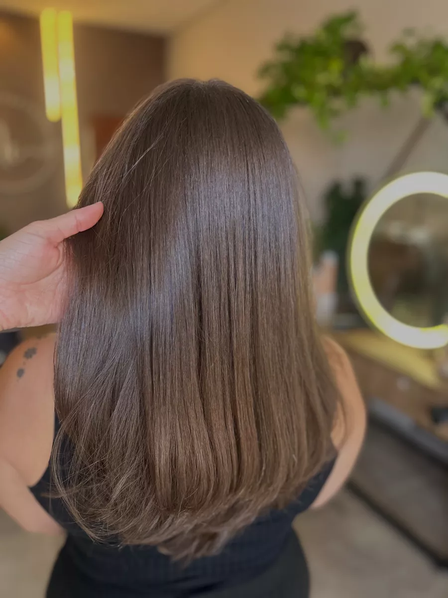 Cabelo liso castanho com brilho, visto de costas